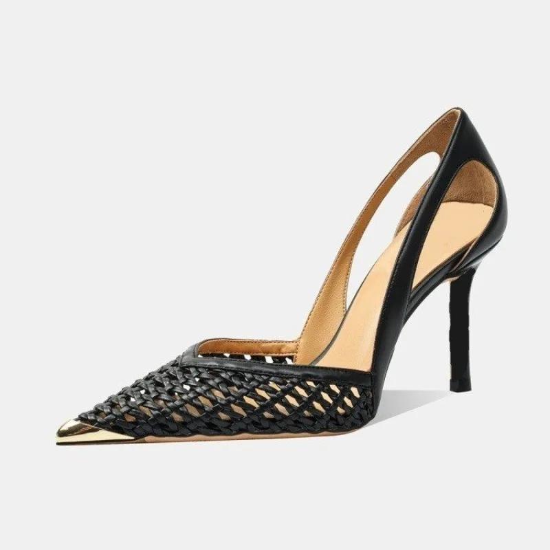 Woven Cutout Breathable Slip-on Non-Slip Heels Fashion Metallic Pointed Toe Stiletto Single Shoes