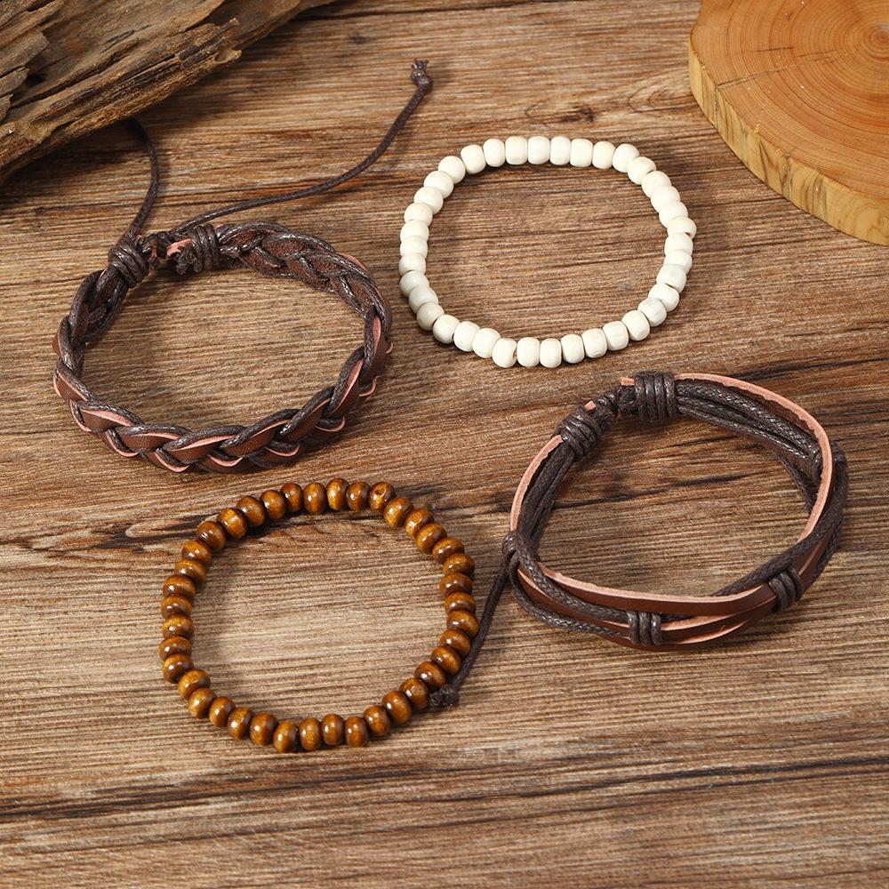 Foreign Trade Hot-selling Retro Style Handmade Wooden Beads Beaded Leather Hand Rope Combination Set Men's Woven Leather Bracelet