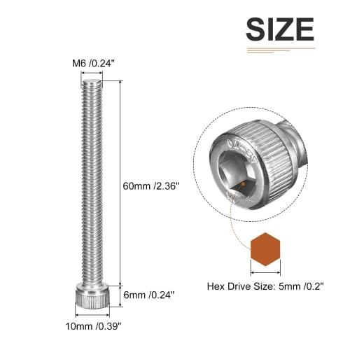 DTGN M6x60mm Socket Head Cap Bolts, Set of 5, 304 Stainless Steel, 18-8 Metric Thread, Hex Drive, Bright Finish, UNC Coarse Thread, Fully Threaded