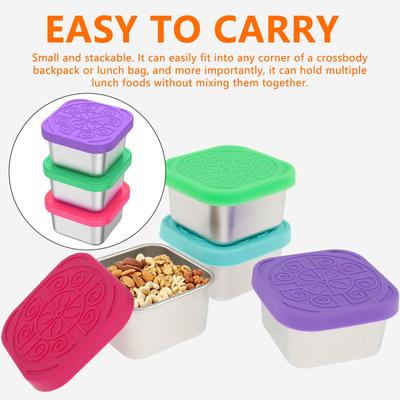 4Pcs 2/6oz Snack Container Stainless Steel Salad Box with Silicone Lids Leakproof Portable Stackable Dressing Food Storage Box