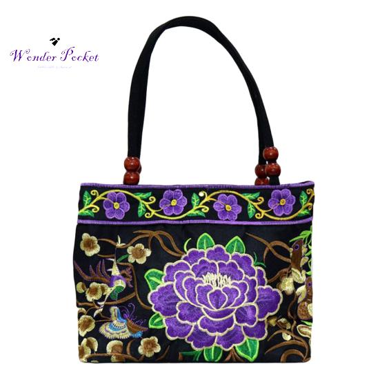 

Модная женская этническая сумка с вышивкой пиона и ручкой из бисера на молнии Холщовая сумка-тоут фиолетовый