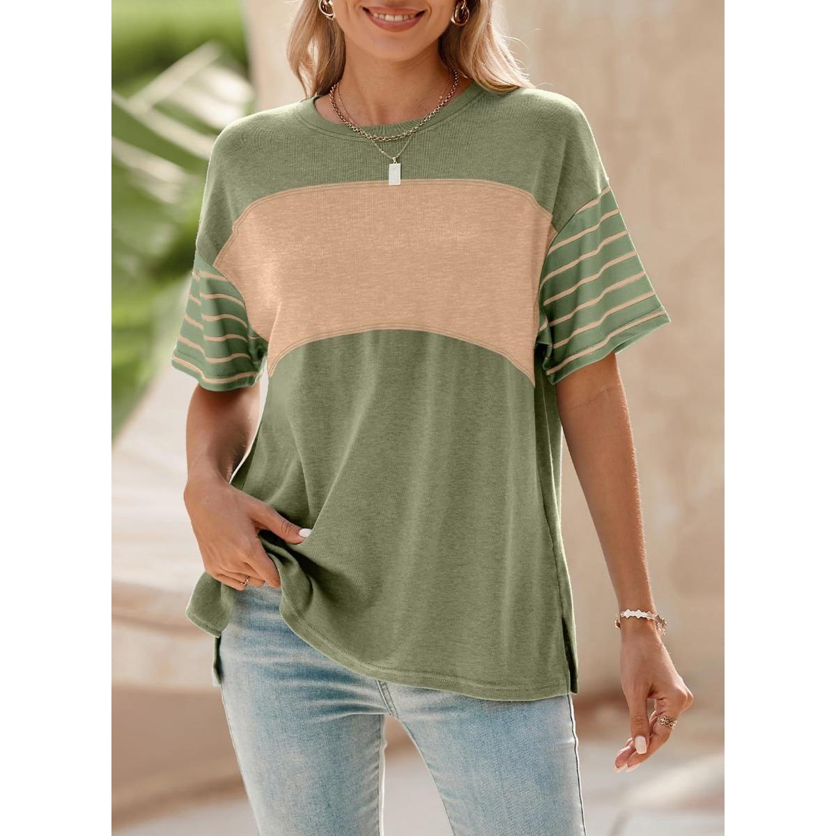 

IHUASU Женская летняя весенняя кофта с круглым вырезом, повседневная, полосатая, с коротким рукавом, футболка для женщин S