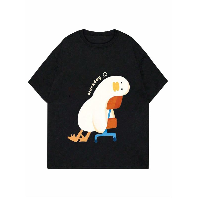 Casual Loose T Shirt Black Duck Sitting On Chair Workday Text Print Daily Wear Office Leisure Outfit