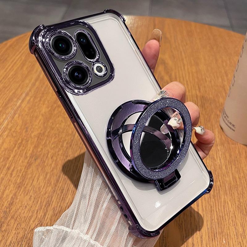For OPPO Find X9 Pro Plating Glitter Mirror Holder Silicone Shockproof Airbags Case for OPPO FindX9 X9pro Magnetic Stand Cover