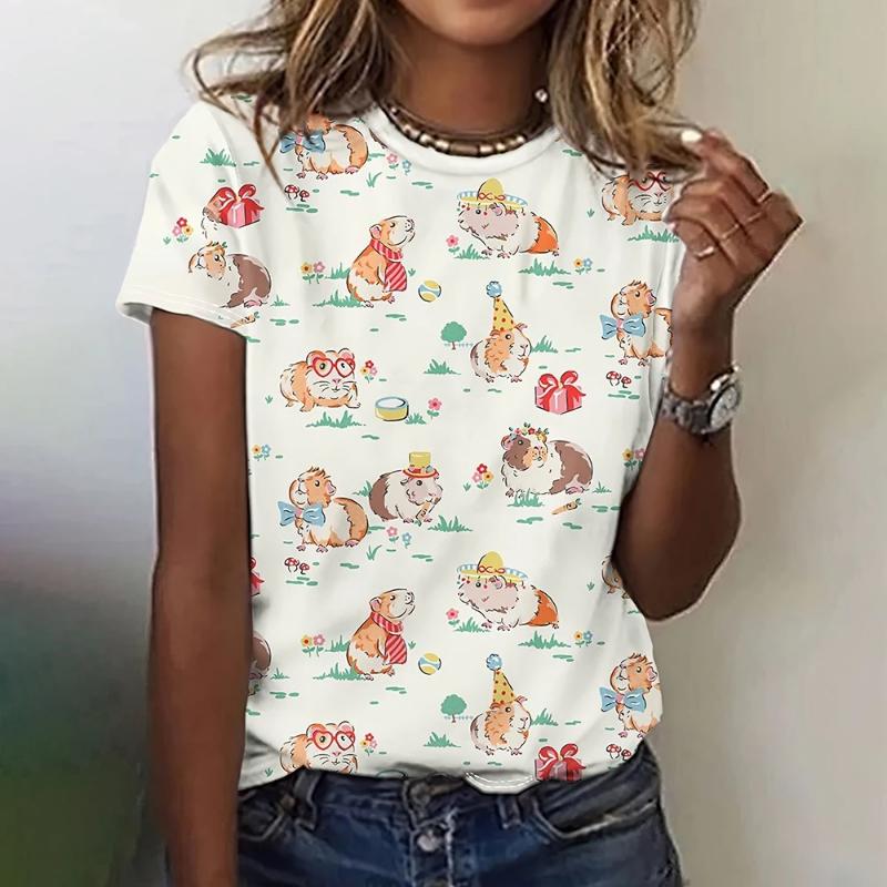Moda Donna Girocollo Manica Corta Stampa Animale Colorata 3D T-shirt Manica Corta Girocollo con Animali