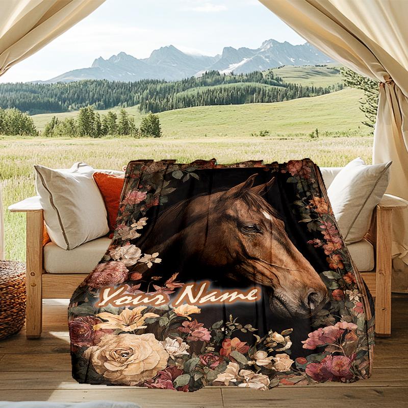 1PC Custom Name Horse Portrait Flowers Outdooor Flannel Blankets Patterns Throw Blanket All-Season Soft Gift for Couch, Bed, Camping Gifts