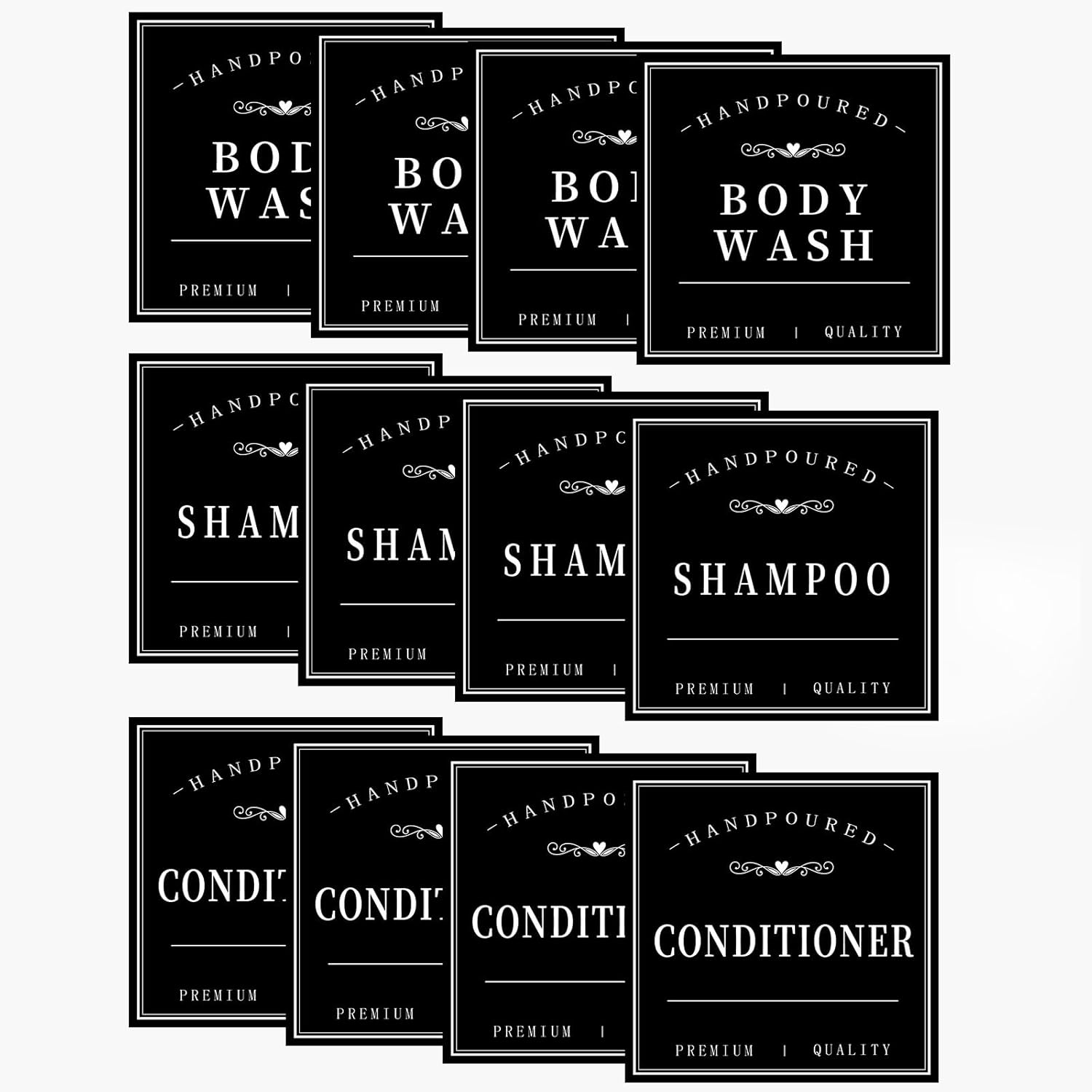 12PCS Bathroom Labels for Soap Dispenser, Removable Bathroom Organization Labels, Waterproof Bottle Labels for Shampoo Conditioner Body Wash (Black) 3 X3