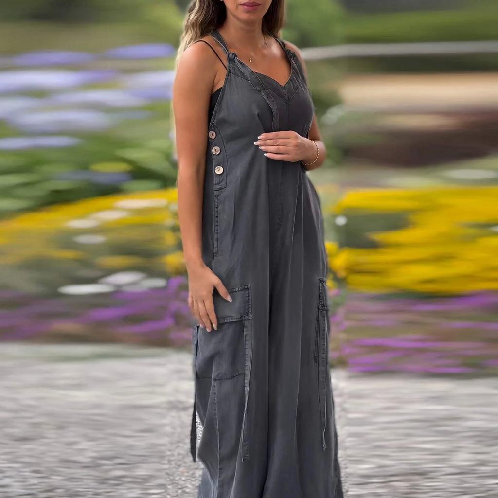 Women's Fashion Casual Loose Pocket V-Neck Colour Jumpsuit