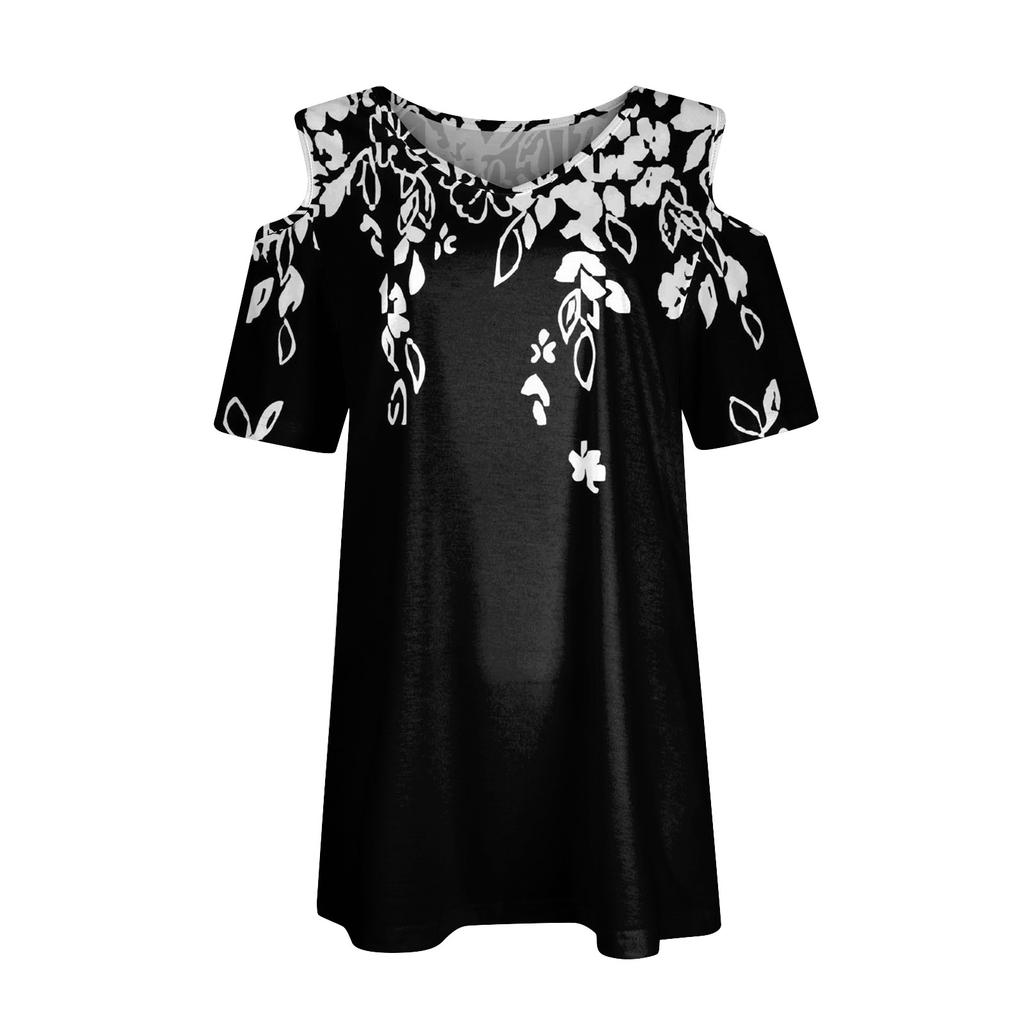 Women's Summer Fashion Casual Printed Off-Shoulder V-Neck Short Sleeve T-Shirt Top