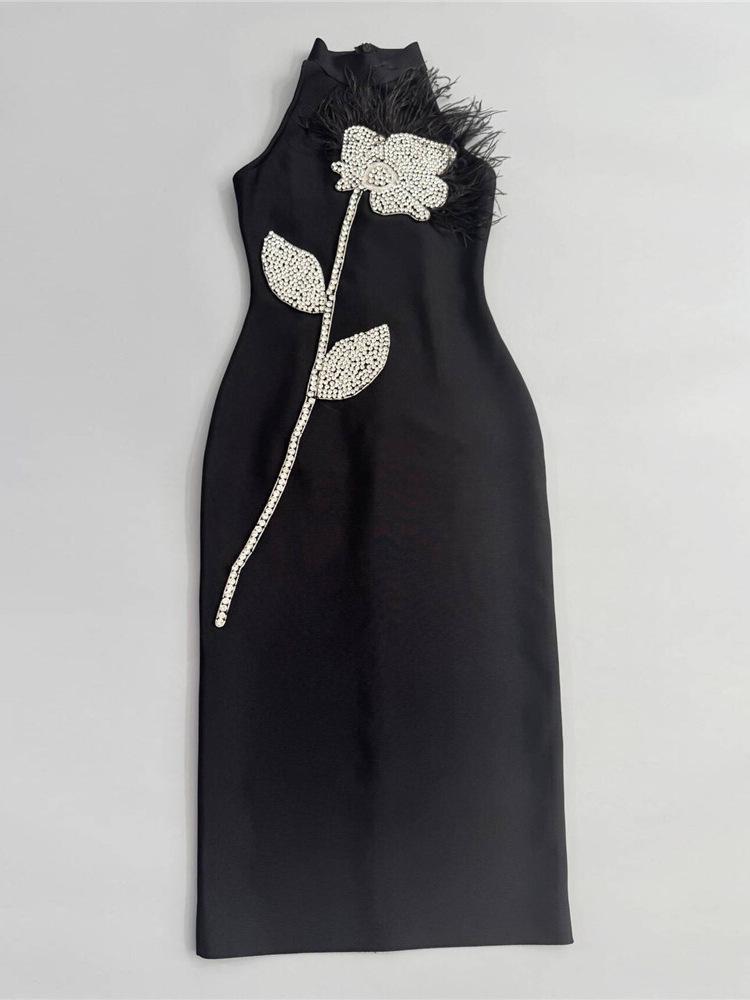 French Bandage Dress: Elegant Sleeveless Evening Gown with Hip-Hugging Long Skirt & 3D Floral Accents.