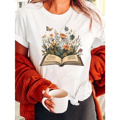 Book Lover Print Crew Neck T-shirt, Short Sleeve Casual Top For Summer & Spring, Women's Clothing