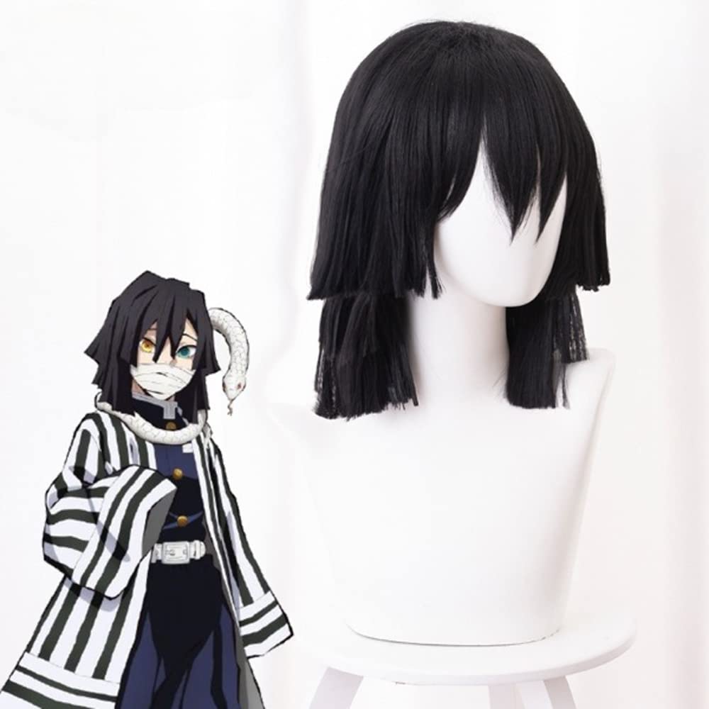 Anime Iguro Obanai Cosplay Wig Kimetsu no Yaiba Black Wig with Bangs Cosume Party Short Wigs
