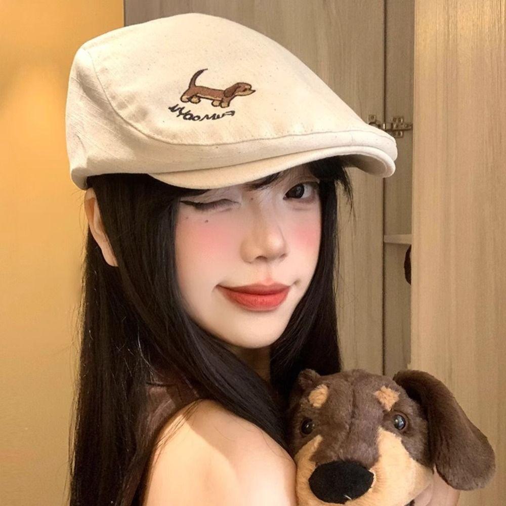 Japanese Style Cartoon Forward Hat Short Brim Painter Hat Puppy Embroidery Berets Cap Outdoor