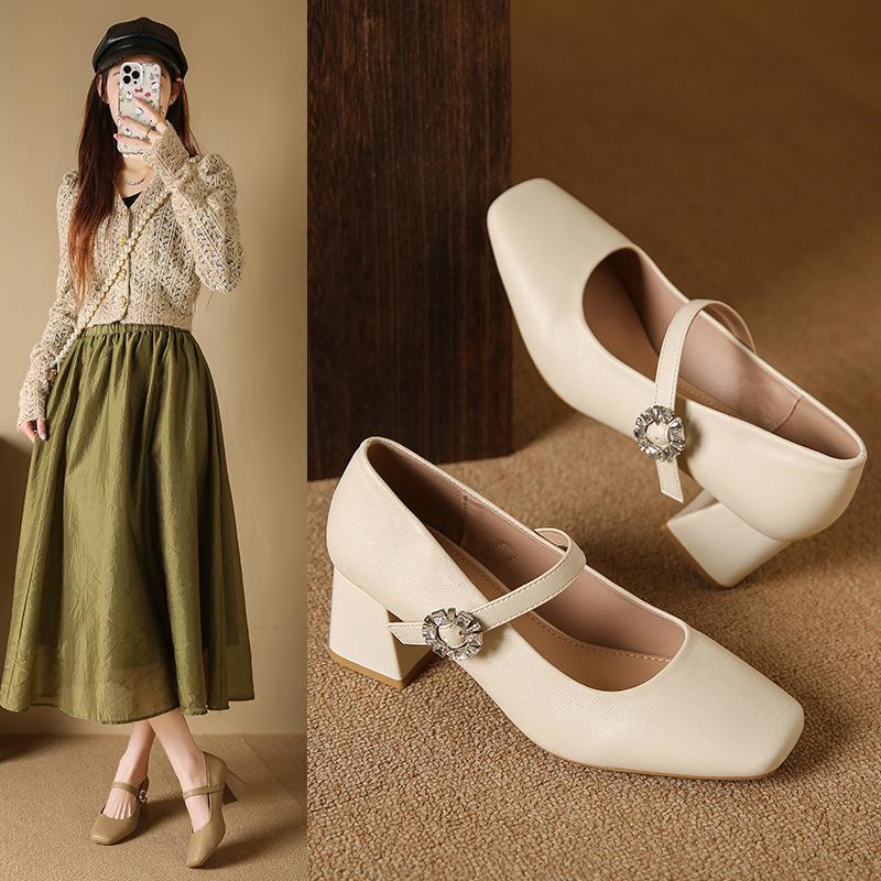 Square head shallow mouth Mary Jane single shoes women's 2025 spring new French temperament shallow mouth high heel fashion women's shoes