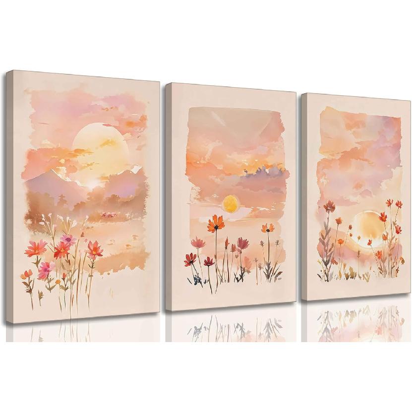 3 Pieces Sunrise Canvas Wall Art Blush Pink Wildflowers Floral and Orange Sunset Watercolor Landscape Paintings Pictures Wall Decor Poster Print