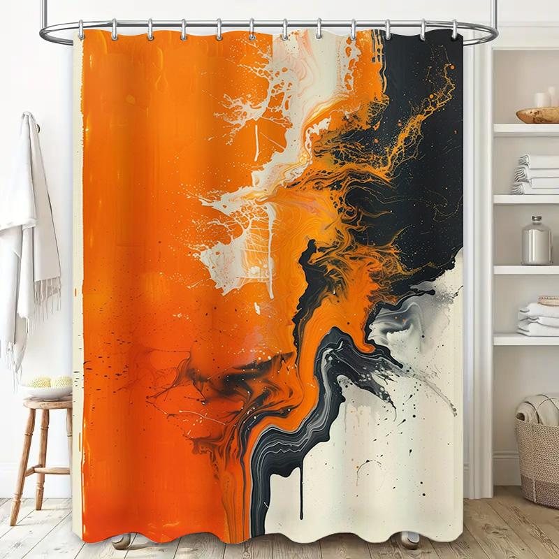 Abstract Bathroom Shower Curtain With Black White Orange Ink Splash Design 3D Printed Polyester Fabric For Home Decor (180X180Cm