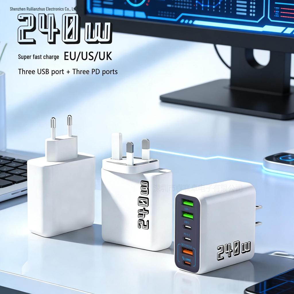 240W Multi-Port Fast Charger: 3 USB + 3 PD, European/UK Standard Mobile Charger