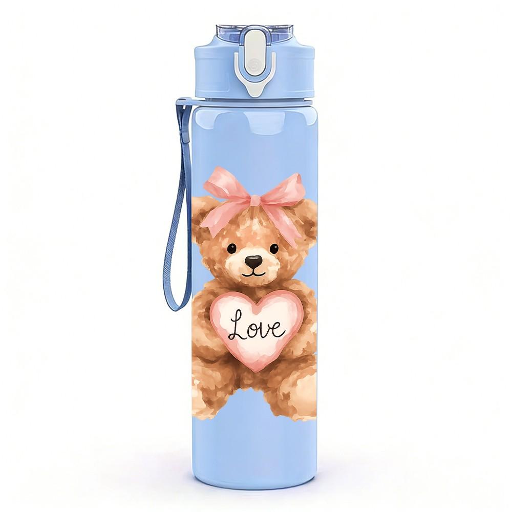 1PC Pink Love Teddy Bear Cartoon 750ml Color Plastic Sports Water Bottle Leakproof Flip Straw Lid Suitable for Sports Office Home Use