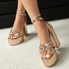 Plus Size Metallic Plaid Microfiber Material Ultra Thick Heel Peep Toe Sandals Ankle Cross Buckle Sexy Elegant High-Heeled Sanda