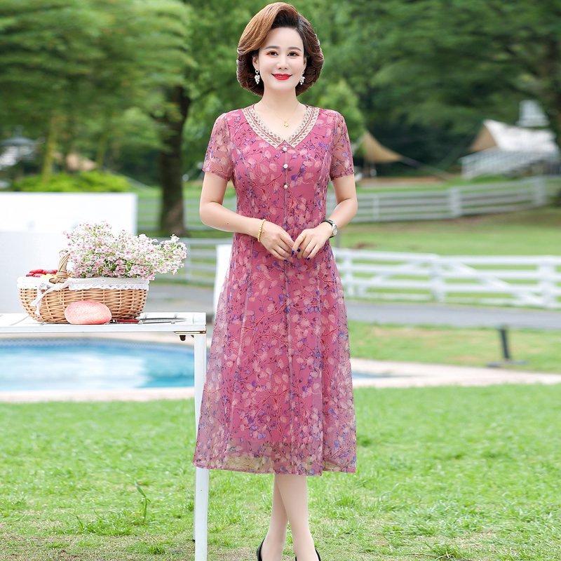 2026 Summer Floral Print Plus Size Midi Dress with Cinched Waist & Mesh Skirt 4XL (135-145 jin) красный/фиолетовый