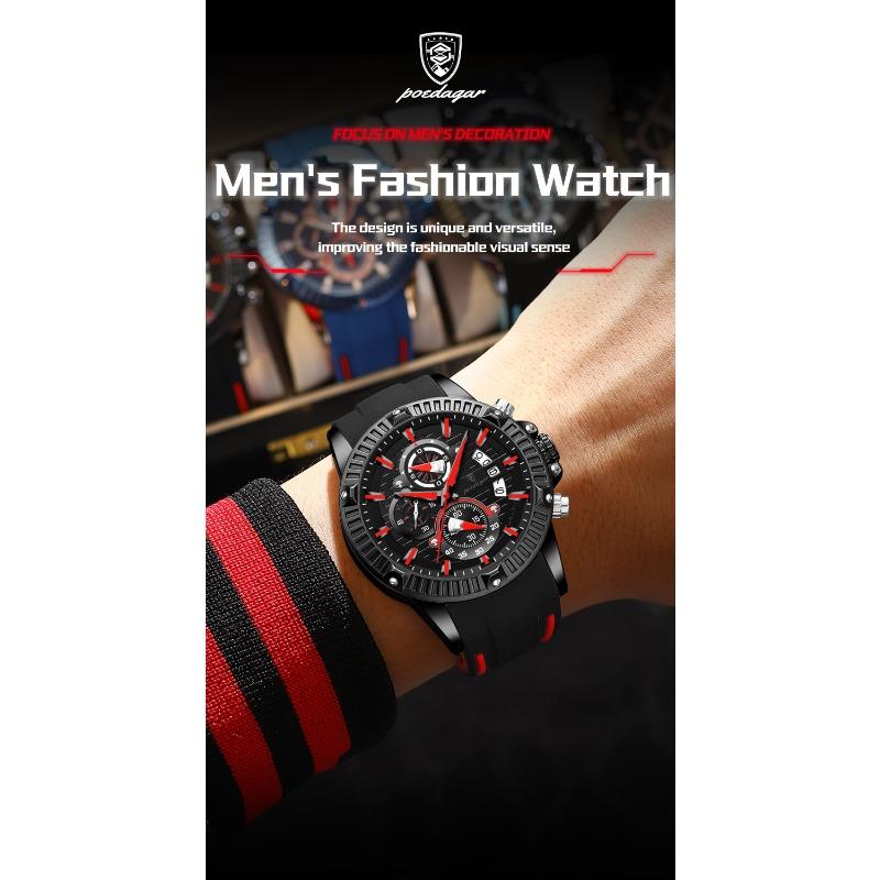 POEDAGAR Sports Men Watches Waterproof Luminous Chronograph Date Military Watch Silicone Strap Quartz Wristwatch Reloj