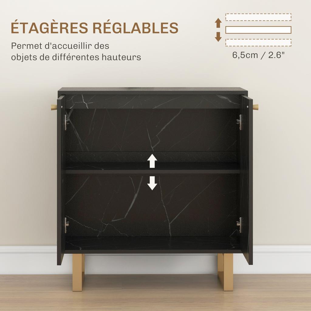 Storage Sideboard with 2 Doors and Adjustable Shelf Metal Legs 76 X 35 X 77 Cm Black Marble Tone