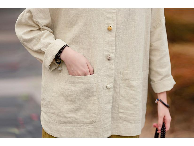 Spring Hemp Color Block Stand Collar Zen Jacket - Women's Cotton Linen Chinese Style Cardigan