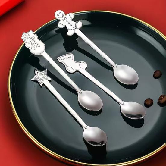 Elegant Table Decor for Parties 4Pcs Christmas Dessert Spoons, Stainless Steel Coffee Spoons with Gingerbread Man Star Stocking Snowman Handle, Unique
