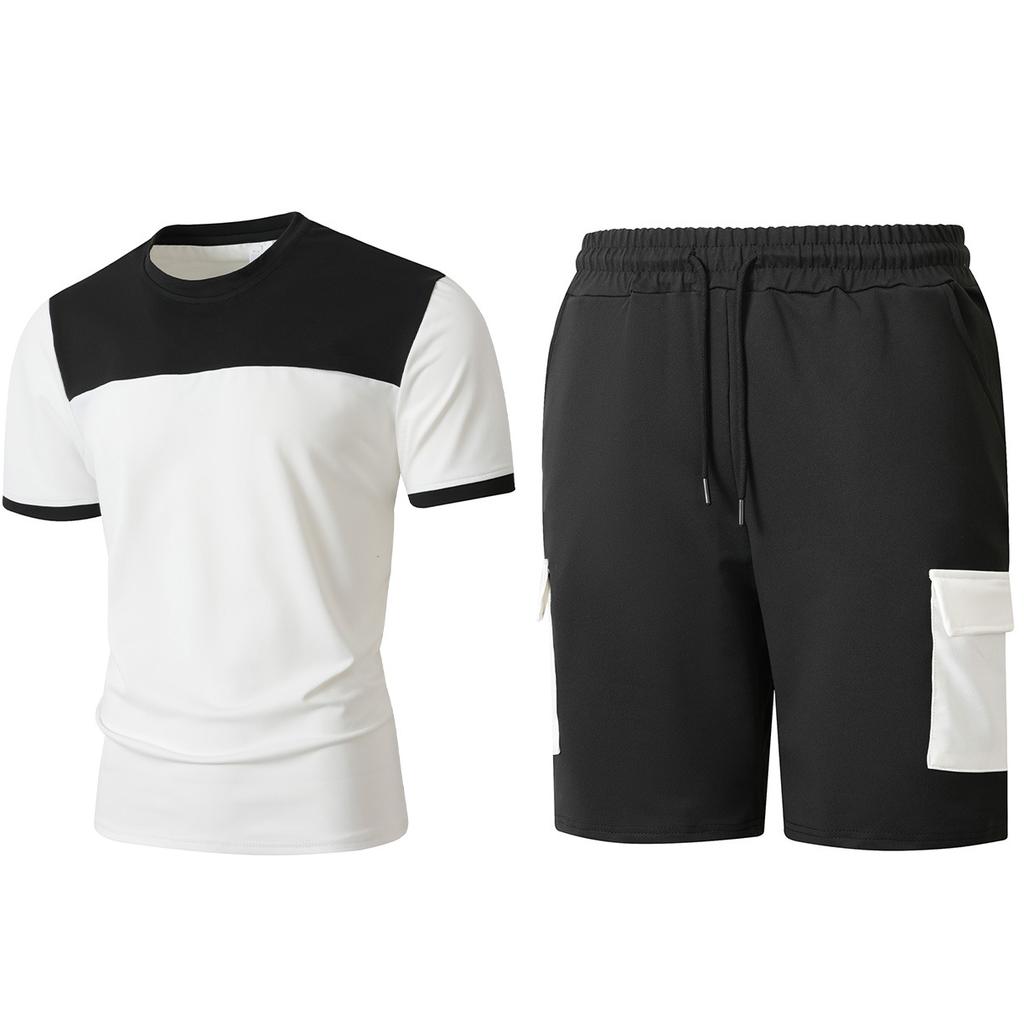 Men Color Block Casual Round Neck Short Sleeve T Shirt Cargo Shorts Two Piece Set