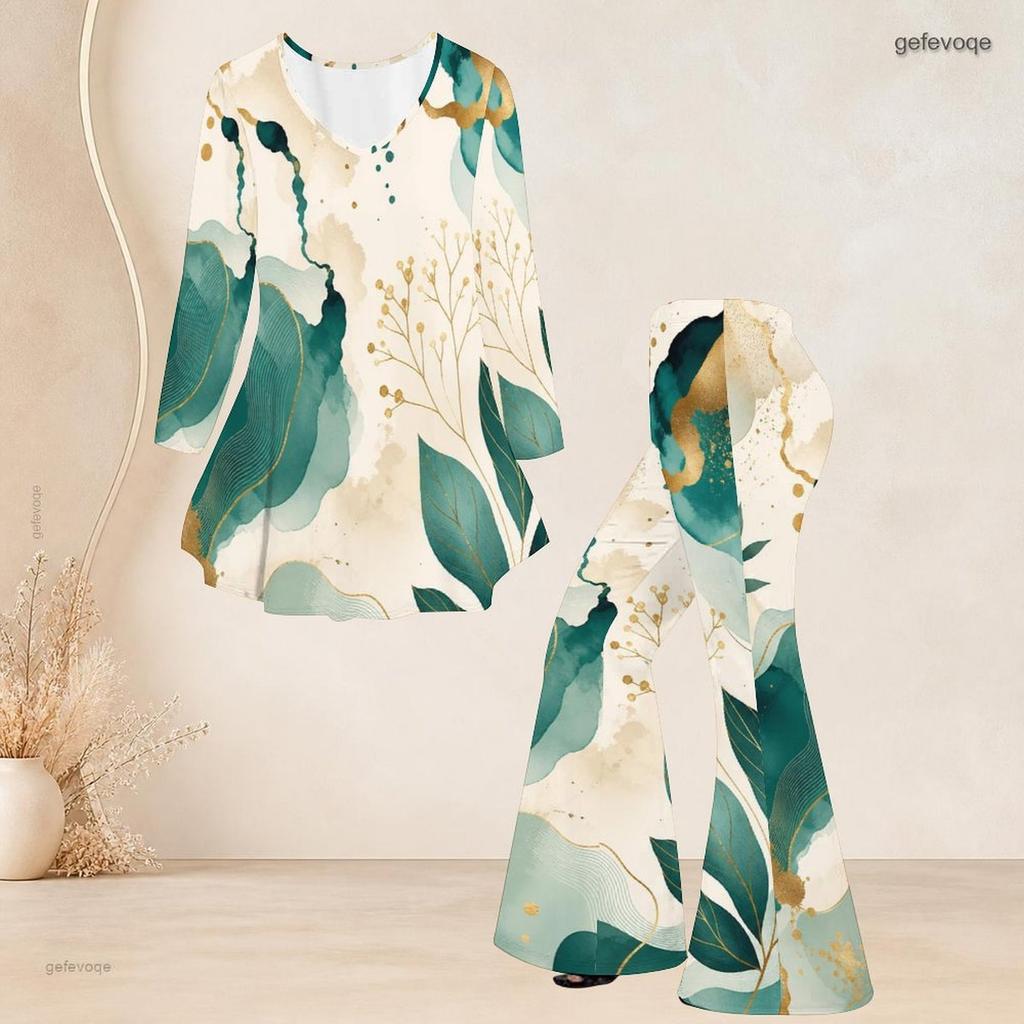 Women Plus Size V Neck Three Quarter Sleeve Marble Printed Blue Flared Top And Flared Pants Two Piece Set