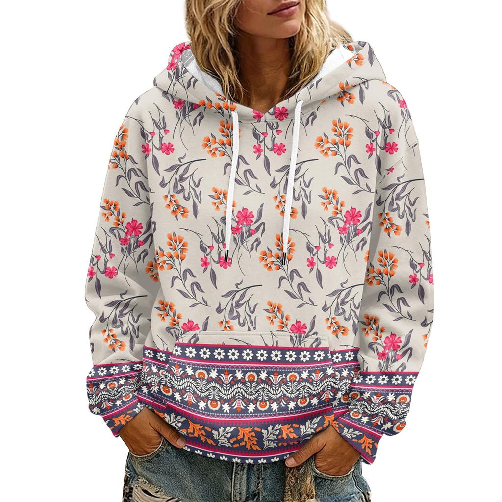 Felpa da donna con cappuccio, manica lunga, stampa floreale, con e tasche, per abbigliamento casual