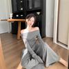 Women's Two-Piece Set: Tea-Colored One-Shoulder Irregular Top and Grey Wide-Leg Pants for Autumn