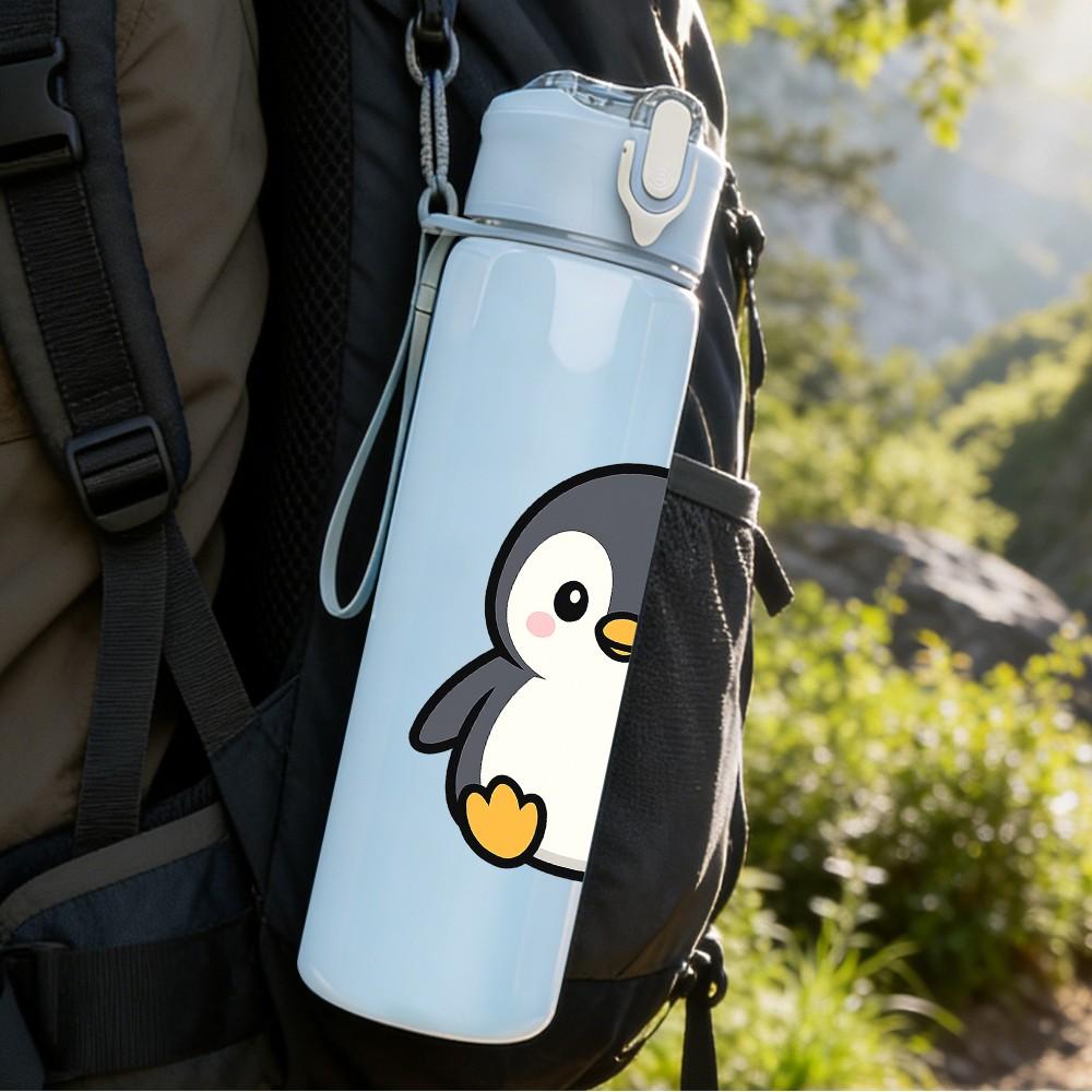 1PC Penguin Cartoon Pattern 750ml Color Plastic Sports Water Bottle Leakproof Flip Straw Lid Suitable for Sports Office Home Use