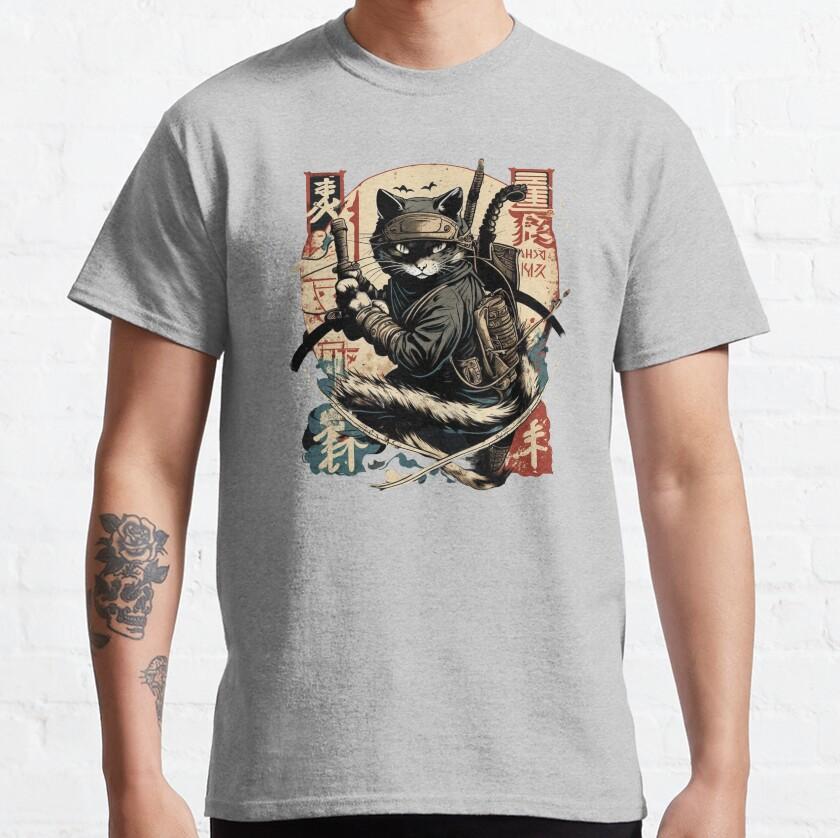 Funny kitten kawaii Cat Samurai mens TShirt for men vintage japanese Ninja Cat printed clothing plus size tee
