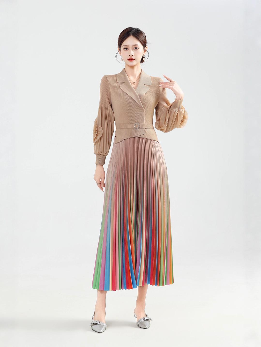 

Miyake Pleated European-African Plus Size Rainbow Elegant Slimming Long Dress One Size (40-100kg)