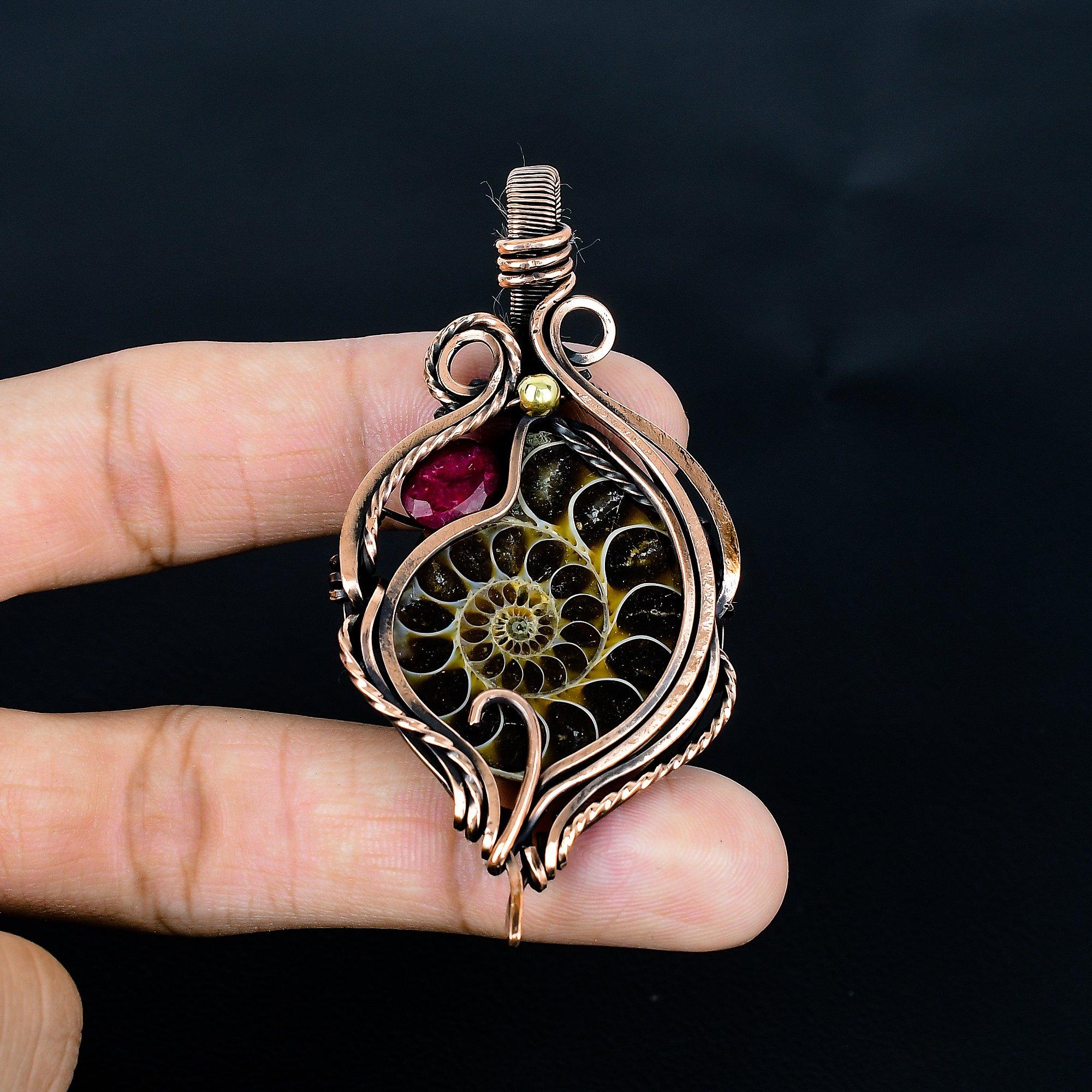 

Ammonite & Ruby Pendant Gemstone Jewelry, 999 Copper Wire Wrapped Handmade Pendant, Latest Design Jewelry 2.55 Inches