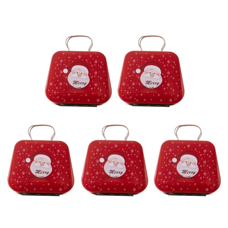 Pack of 5 Decorative Iron Candy Tins with Handle Holiday Candy Tins with Christmas Pattern Delicate Candy Storage Case