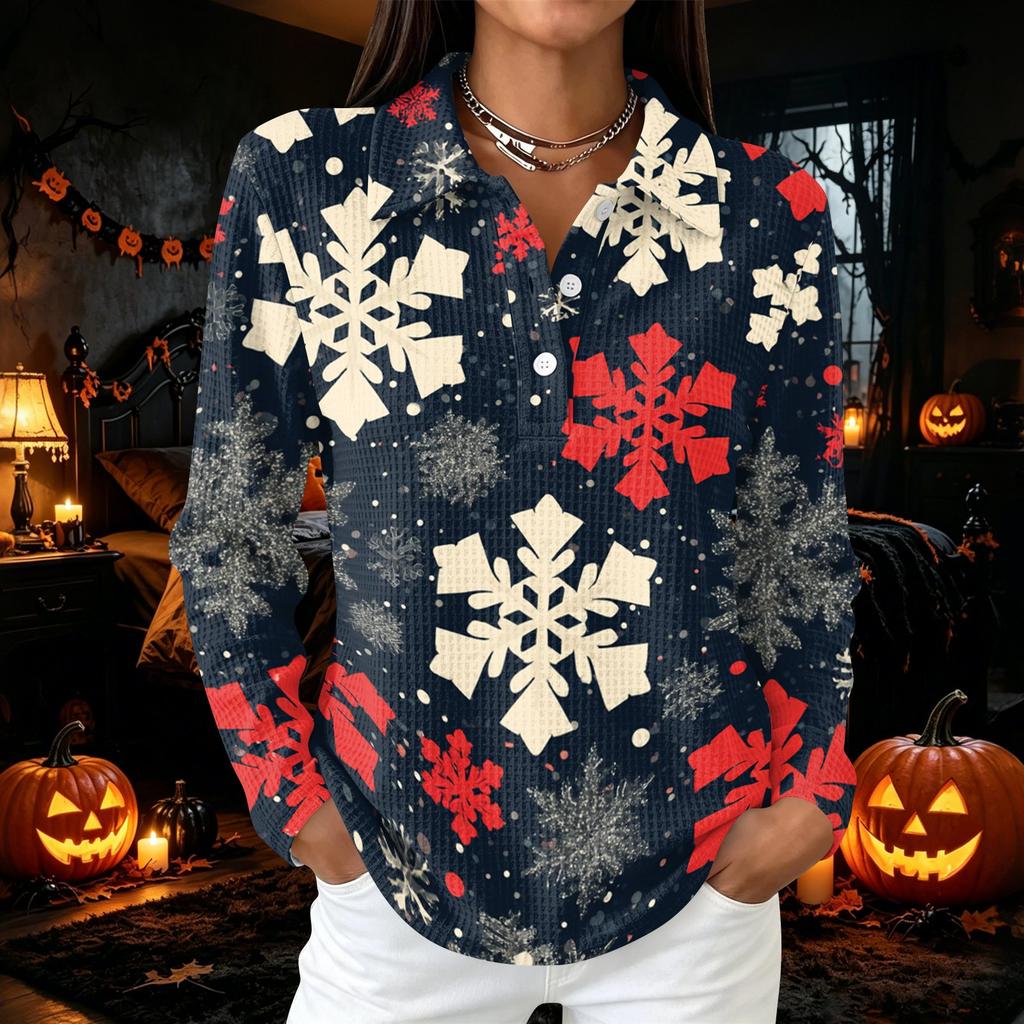 Women's Casual Christmas Print Button Down Long Sleeve Collared Blouse Top with Side Slits
