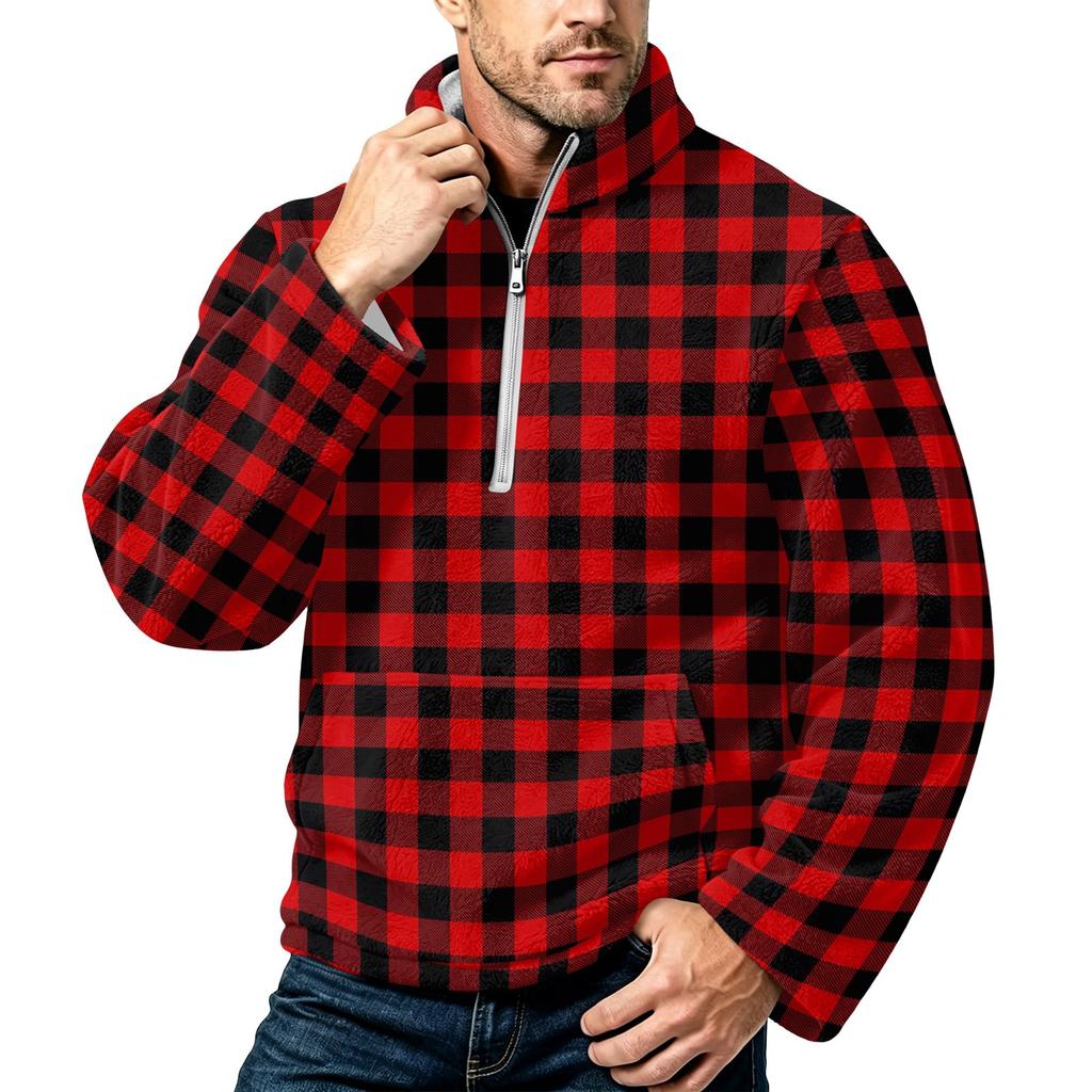Men's Plaid Print Flannel Zip-Up Sweatshirt with Stand Collar, Fall Winter Casual Wear