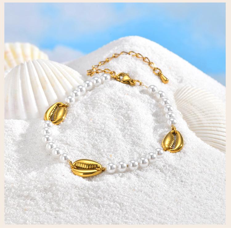 Bohemian Metal Shell Pearl Bracelet for Women Waterproof Stainless Steel Bead Bracelet Summer Beach Vacation Wrist Jewelry 2026