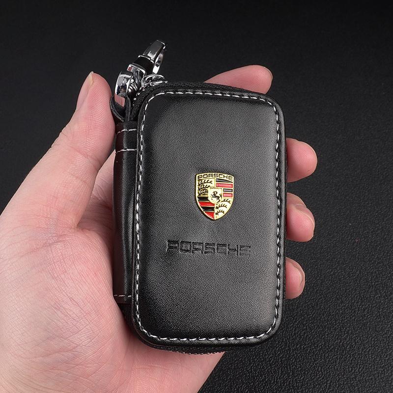 BMGB9 3D Metall+Leder Auto Geldbörse Schlüsseltasche Multifunktions Schlüsseletui Für Porsche Cayenne Panamera Macan Boxster Cayman 718 911 Aufkleber