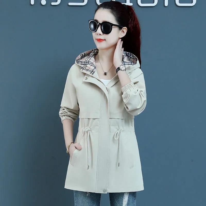 

Женская куртка-тренчкот корейская весна-осень свободные длинные рукава короткие пальто женская ветровка с капюшоном верхняя одежда топы XXL
