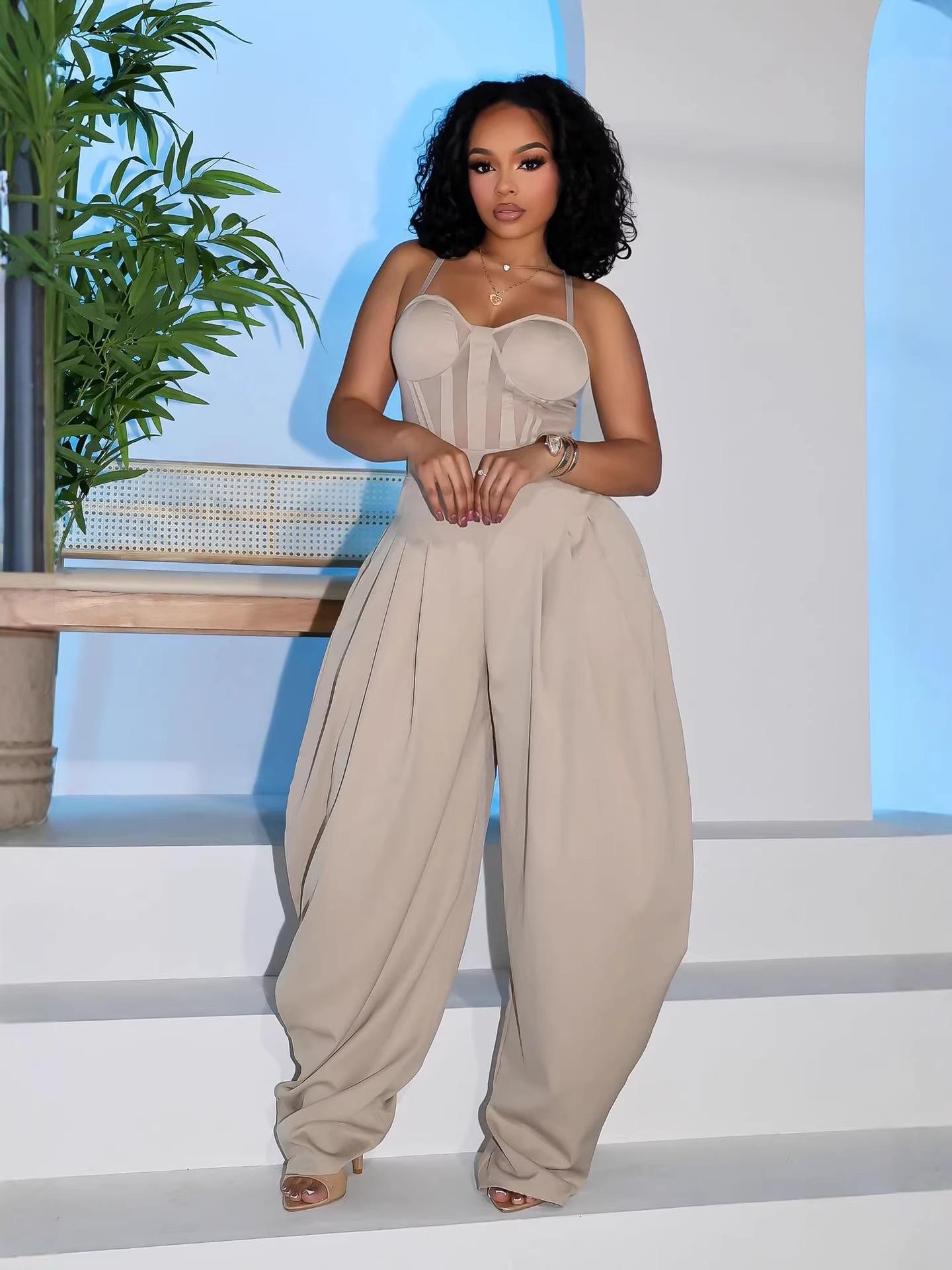 European and American design sense African suspender jumpsuit vacation style dating versatile fashion long wide-leg trousers women S хаки