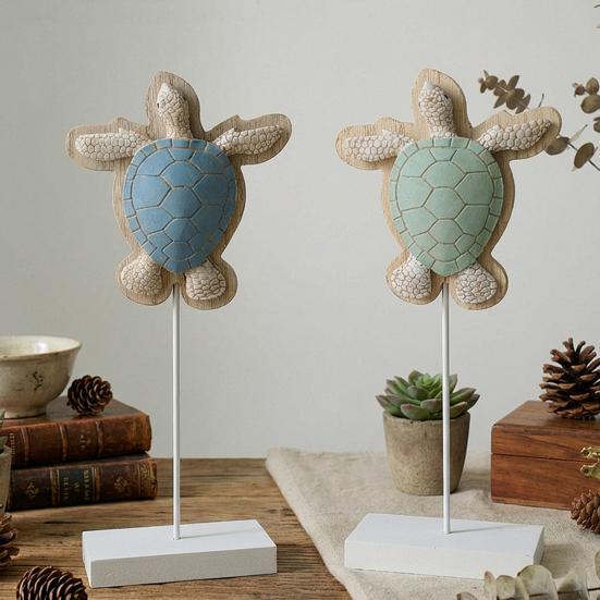 Nautical Sea Turtle Statue Rustic Standing Sea Turtle Block Sign Summer Ocean Tabletop Figurine with Wooden Base for Coastal Beach Home Decor