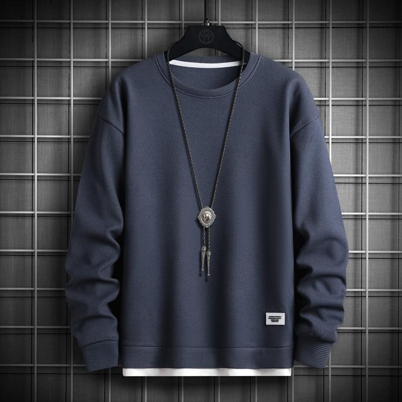 Erkek Trend Waffle Sahte İki Parça Sweatshirt Sonbahar Yeni Genç Gevşek Yuvarlak Yaka Uzun Kollu Tişört Erkek İçin