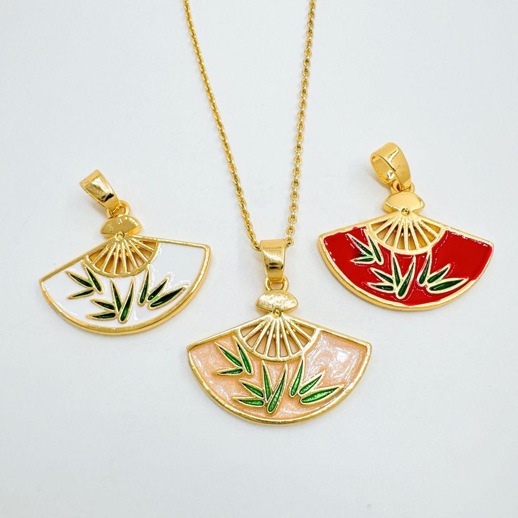 Drip Oil & Tassel Fan Pendant Necklace - Copper-Plated Gold DIY Jewelry Accessory