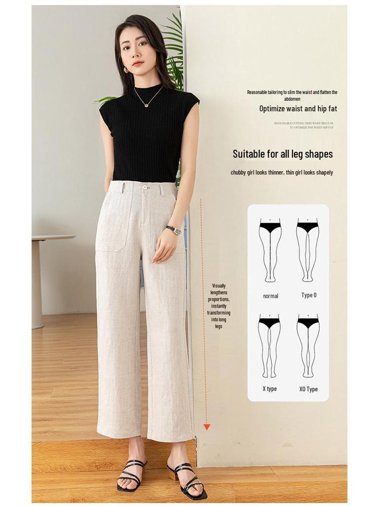 Tencel Leinen Weite Weiße Hose für Damen - Elastischer Bund, Gerade Neun-Punkt Lässig OL Professioneller Stil.