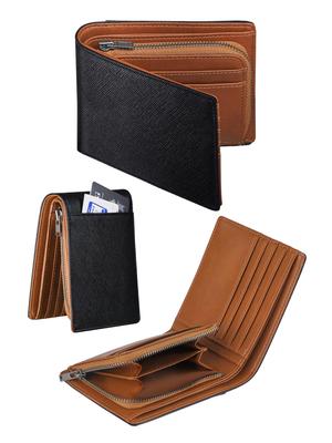Bifold Genuine Cowhide Exterior Card 13 Zippered Coin Large Popular Perfect Day Embossed Black and Brown Men's Wallet, Leather, Holder, Cards,
