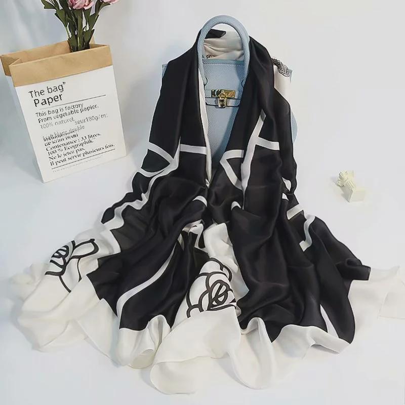 Women's High-Quality Satin Silk Scarf with Printed Design – Versatile for Beach Towel, Sun Protection, or Shawl.