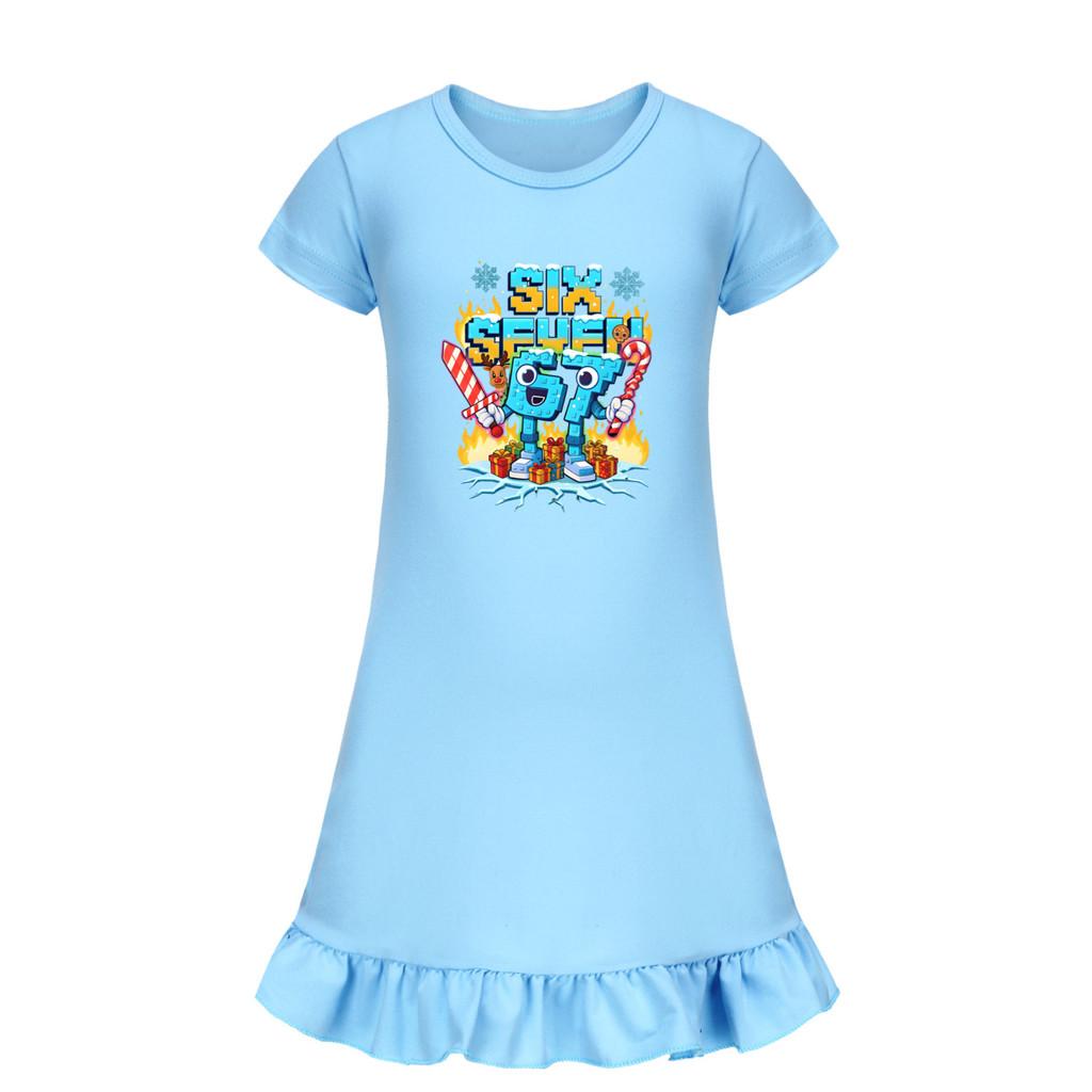 5193 Bambina Ragazza Rubare un Cervello Marcio 67 Sei Sette Stampato Volant Maniche Corte Vestito Casual